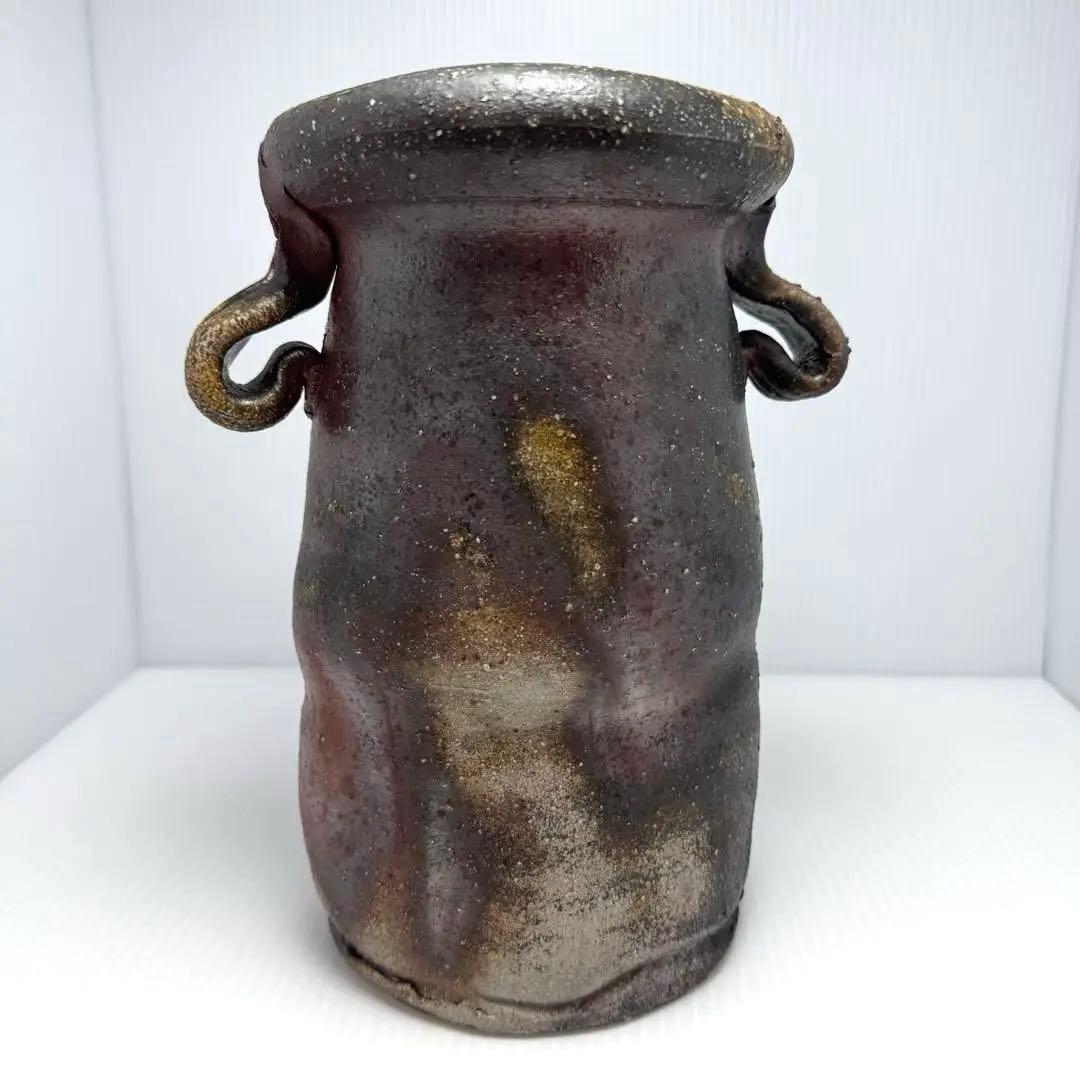未使用 備前焼 斉藤隆 持ち手付き 花生 花瓶 花器 壺 伝統工芸 美術品