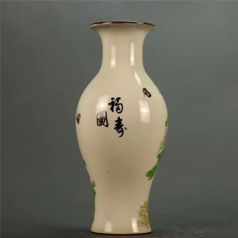 大清乾隆陶磁器 粉彩福寿図魚尾花瓶 置物 アンティーク磁器