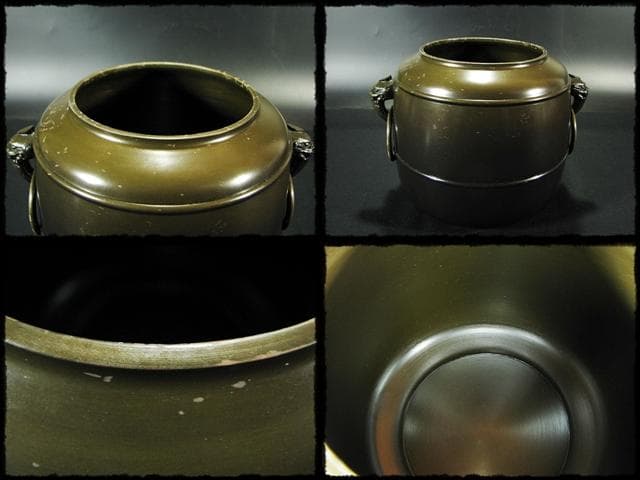 メル84937！唐銅 皆具 一揃 八尾 祥栄 鬼面耳付水指 建水杓立f68