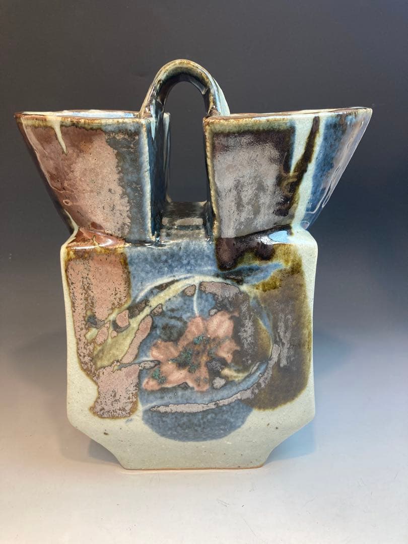 河井武一 作 花紋三色流扁壷 共箱 高さ27cm 河井寛次郎の甥・一番弟子