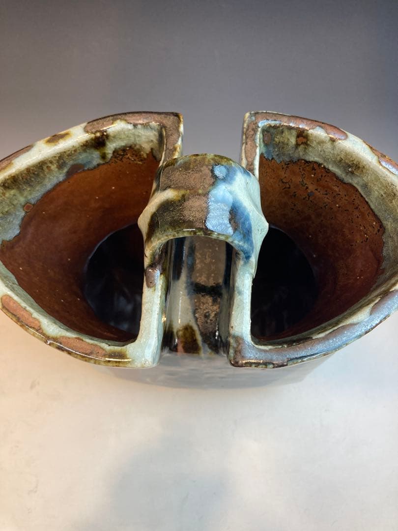 河井武一 作 花紋三色流扁壷 共箱 高さ27cm 河井寛次郎の甥・一番弟子