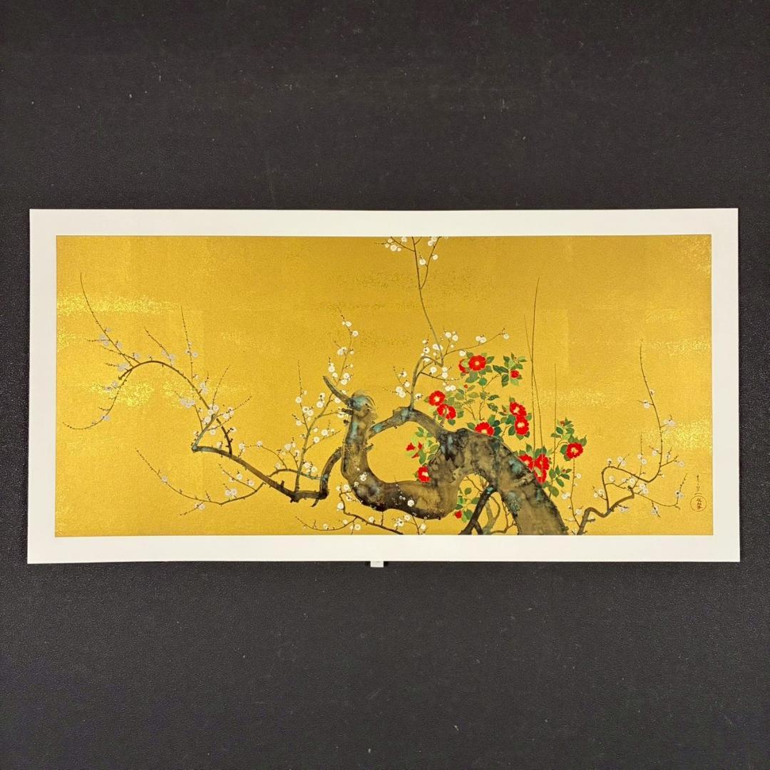 美品 鈴木其一「梅椿図屏風」工芸品 額縁入り 琳派 名画 和風 骨董 日本画