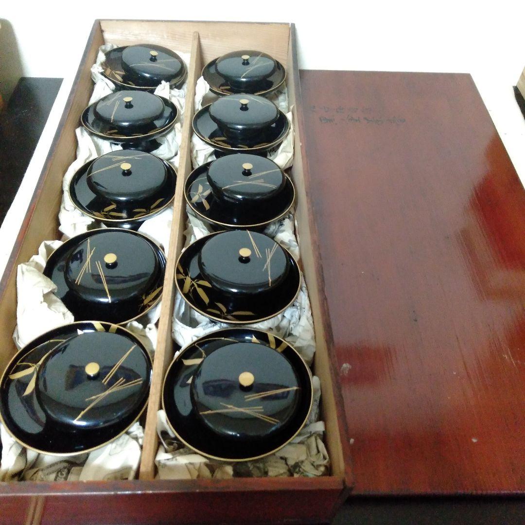 松竹梅蒔絵入　木製茶台十客　美品