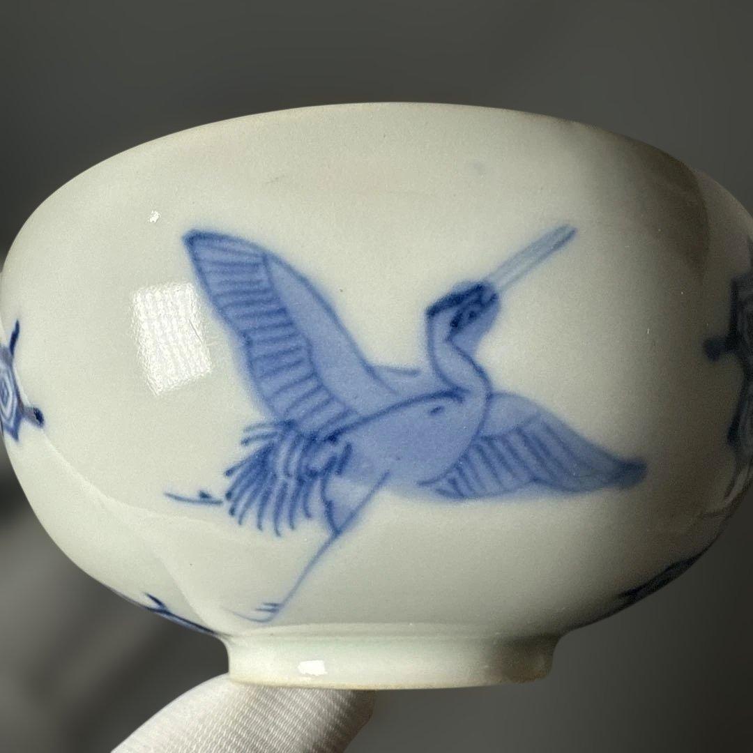 古平戸　染付鶴文様茶碗　五客　特注仕立箱　汲み出し　江戸後期〜明治期　古伊万里