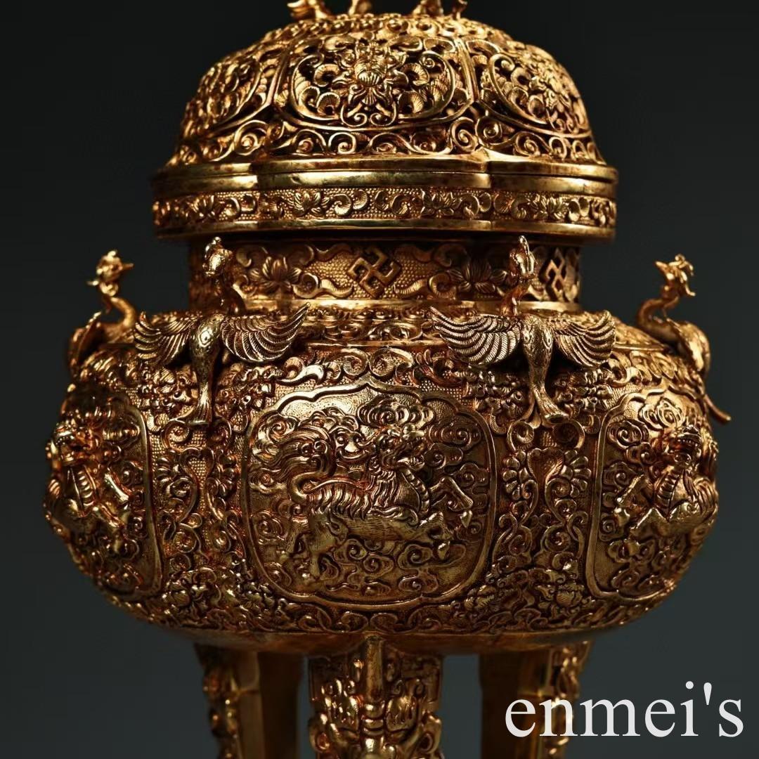 中国古美術・旧蔵六鳳三足獣耳香炉・純銅製・鏨刻鎏金・純手作り・置物・茶道・文房具