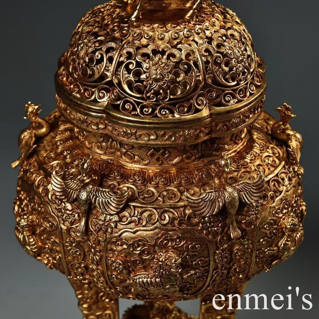 中国古美術・旧蔵六鳳三足獣耳香炉・純銅製・鏨刻鎏金・純手作り・置物・茶道・文房具