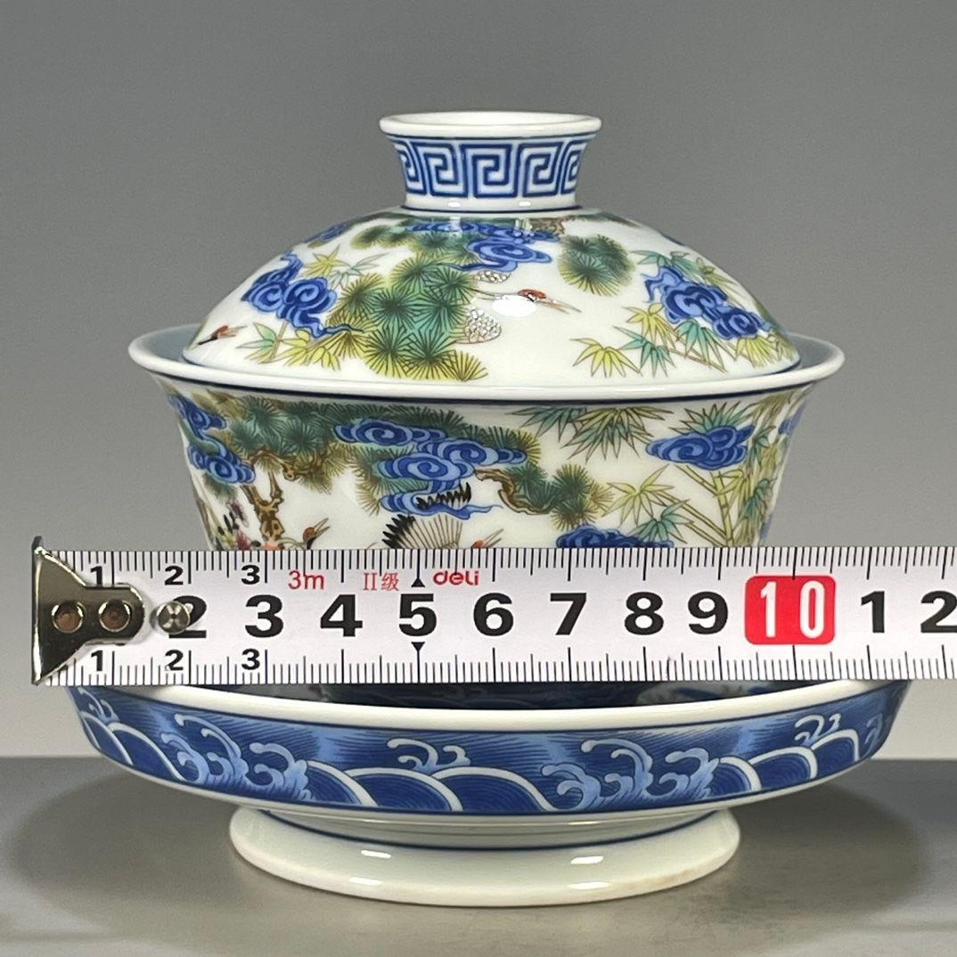 中国茶器 景德鎮 五色松鶴献寿図三才蓋碗 茶碗 新品未使用