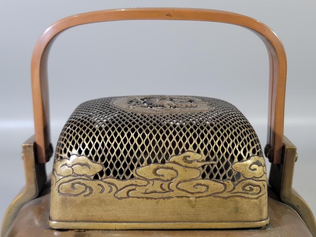 古銅 龍透かし火屋 手炙 香炉 時代物 DT624