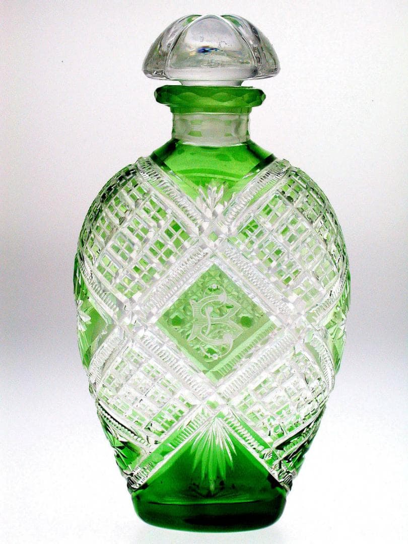 【超稀有】1880-年製 アンティーク オールドバカラ・碧硝子切子装飾ボトル