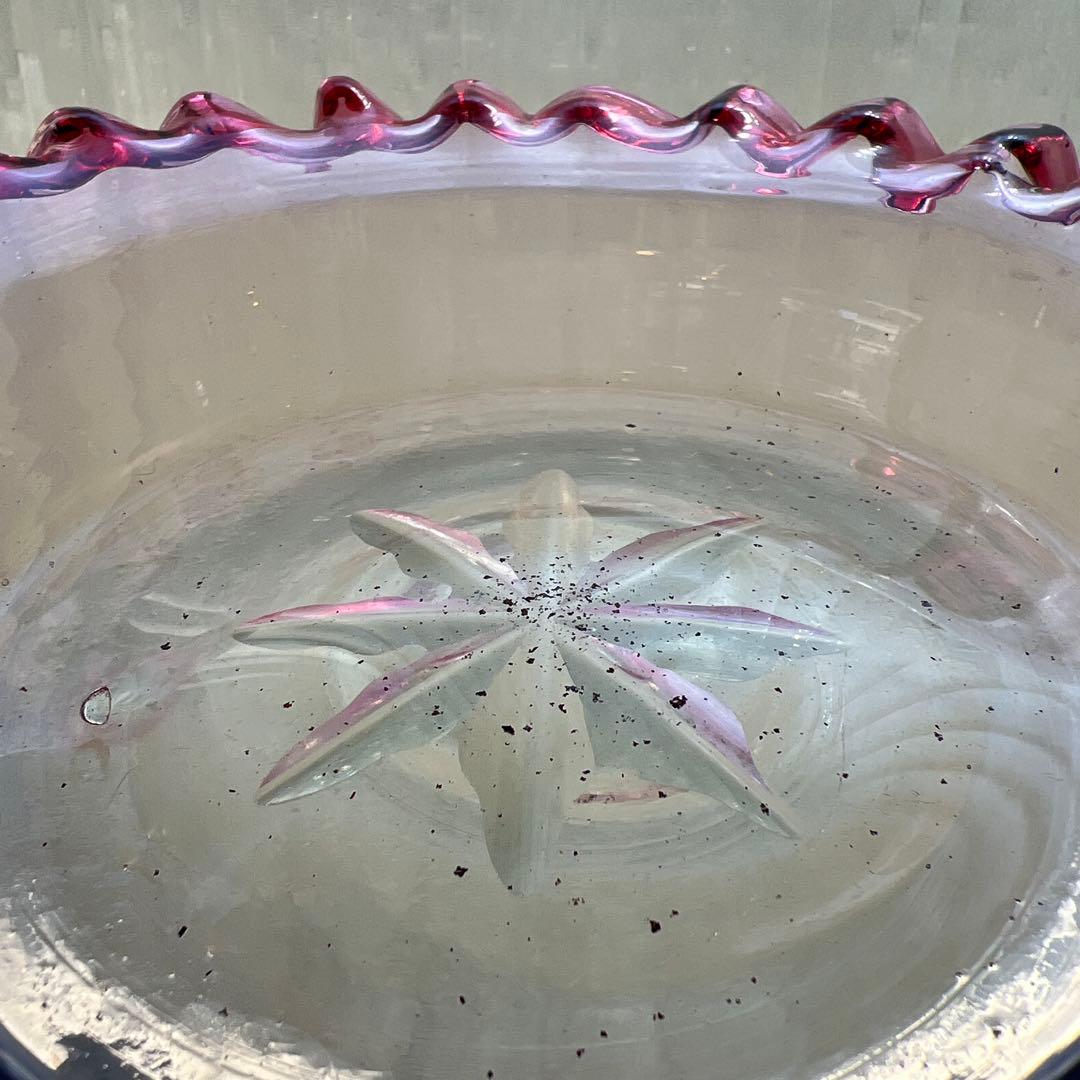 アンティーク　大正ロマン　赤縁フリル菓子器　和ガラス　氷コップ　電笠