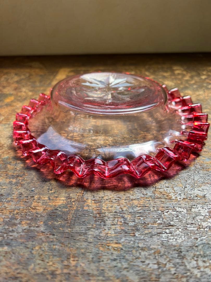 アンティーク　大正ロマン　赤縁フリル菓子器　和ガラス　氷コップ　電笠