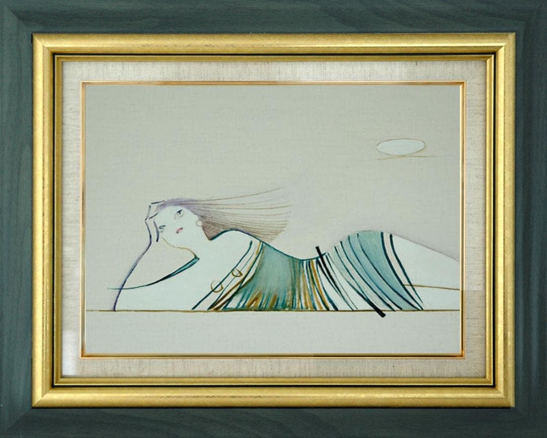 油絵 菅家令子 絵 絵画インテリア額付(青緑＋銀) F3-041114 女性像