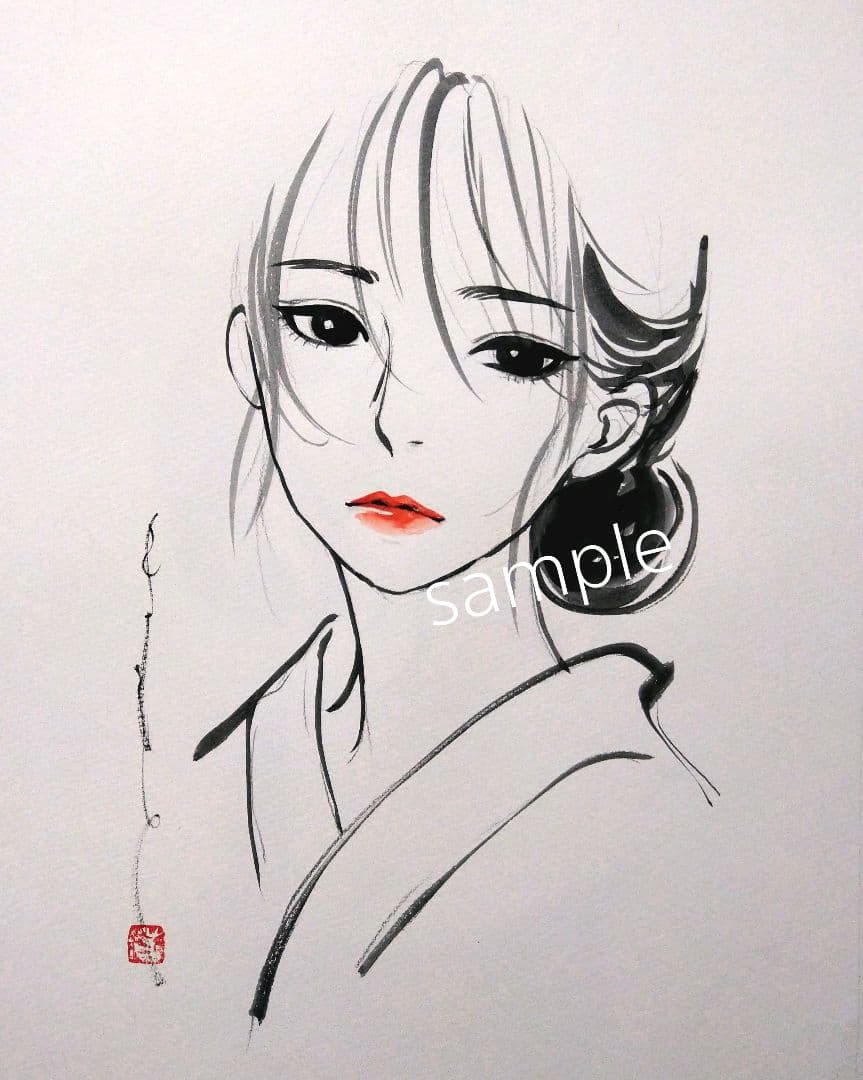 専用　肉筆原画　絵画　水彩画　ドローイング　A4サイズ　墨絵　和装　美人画風