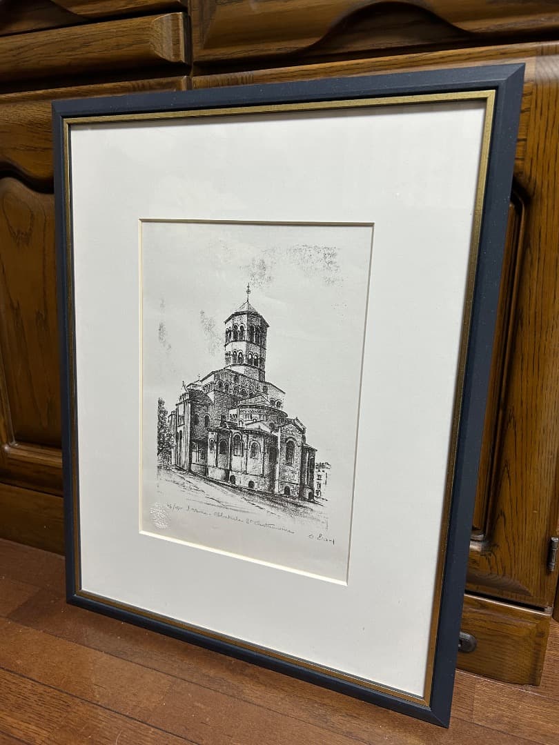 フランス イソワールの教会風景 (版画)