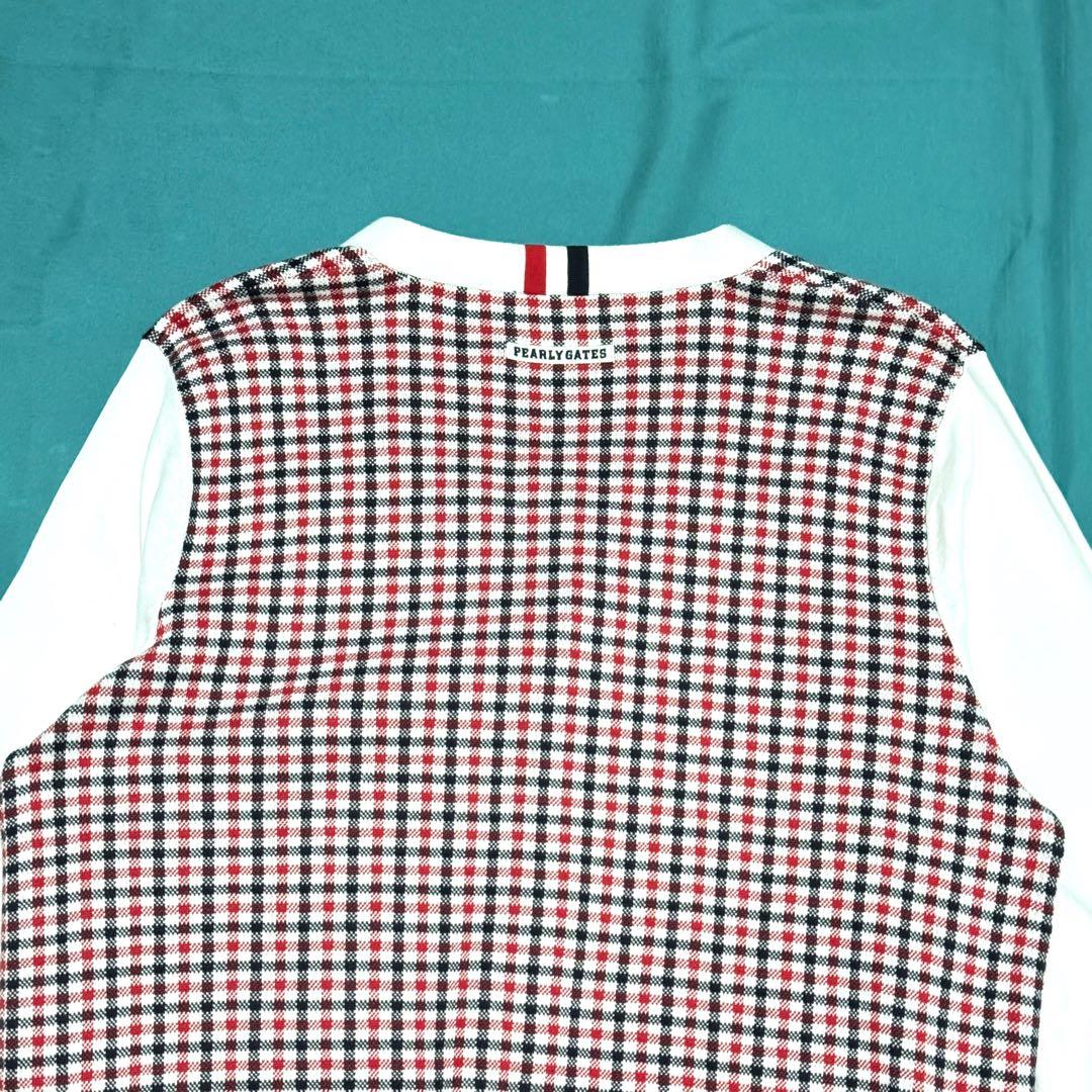 良好 パーリーゲイツ チェック柄コットンカーディガン 赤白黒 Ｖネック長袖人気