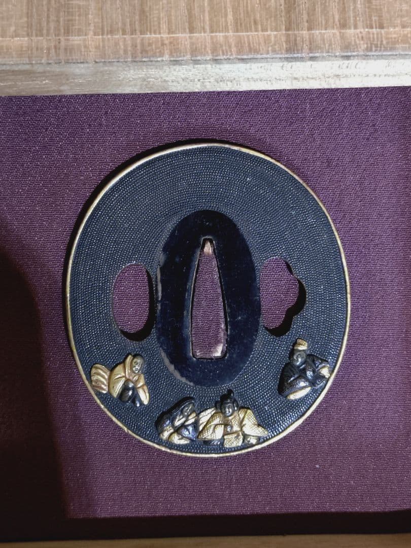 赤銅 魚子地 象嵌 人物 鍔 武者 僧侶 金工 武具 刀装具