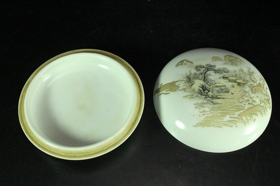 中国美術 墨絵 落 白磁香合 時代物(K-A723)