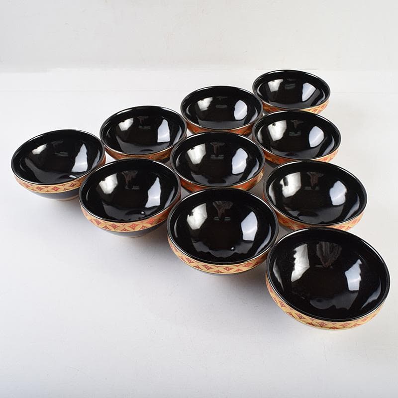 茶道具　京焼　平安景雲造　黒仁清七宝文　数茶碗　十客　共箱　M　R9315B