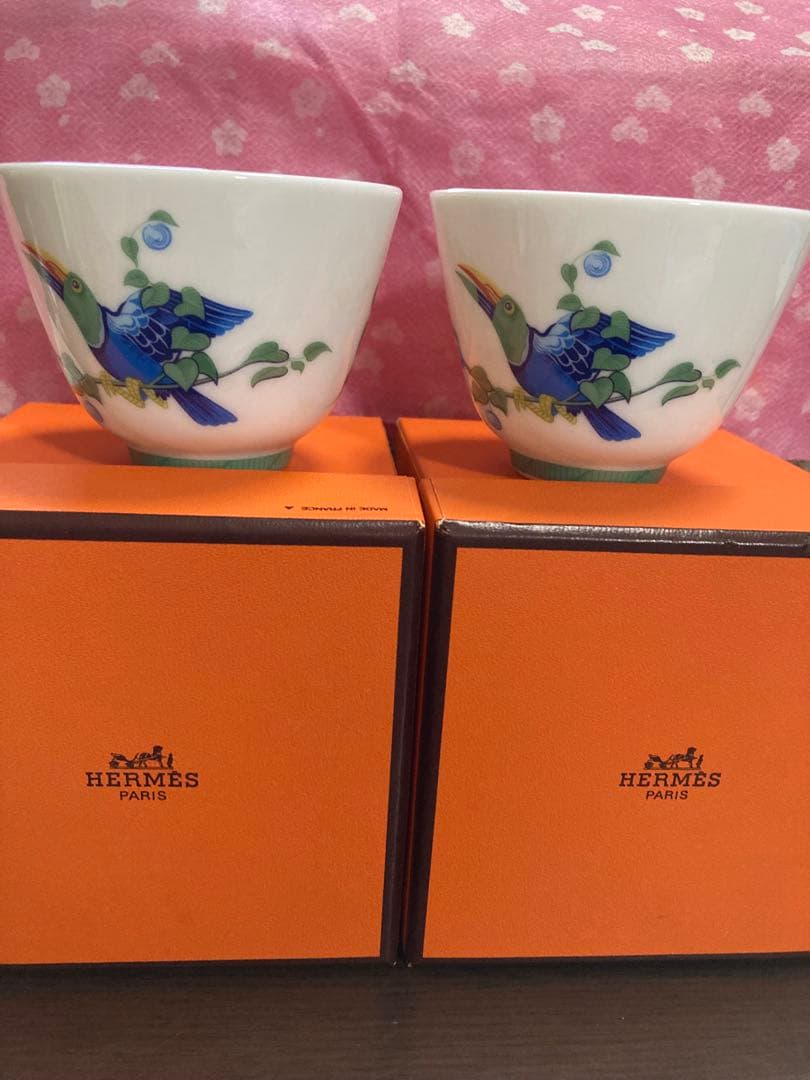 レア希少　HERMES ＊Toucans鳥の絵柄カップ2個箱付きセット