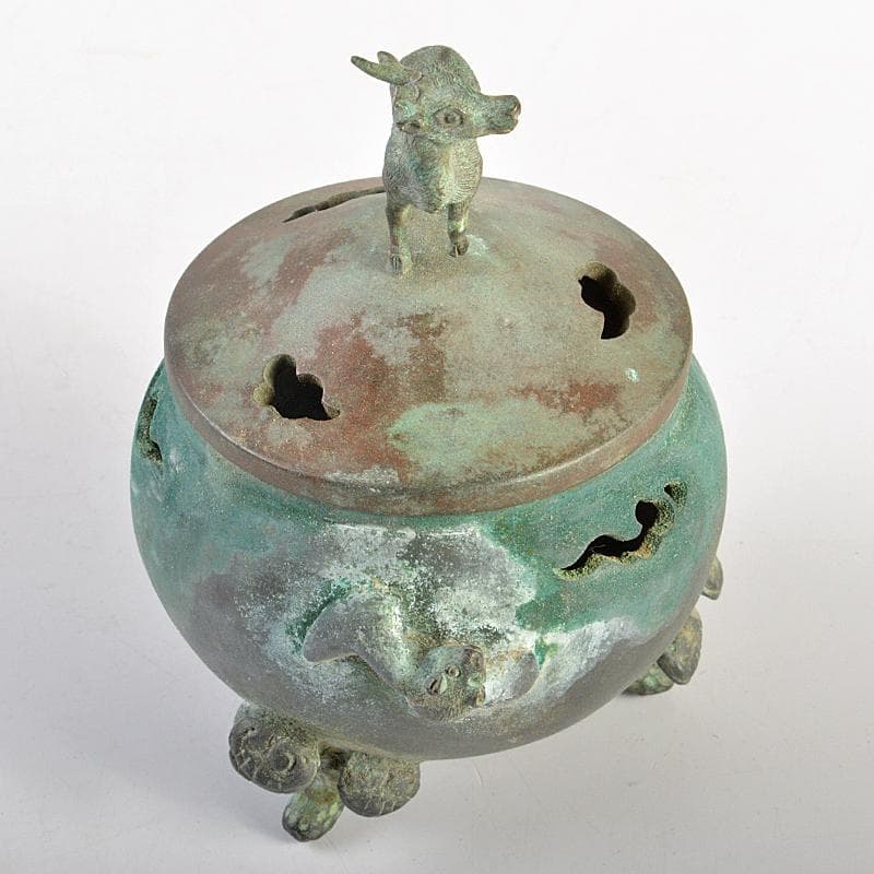 平安　秦蔵六造　青銅　鹿摘　霊芝三つ足香炉　共箱　M　R7402