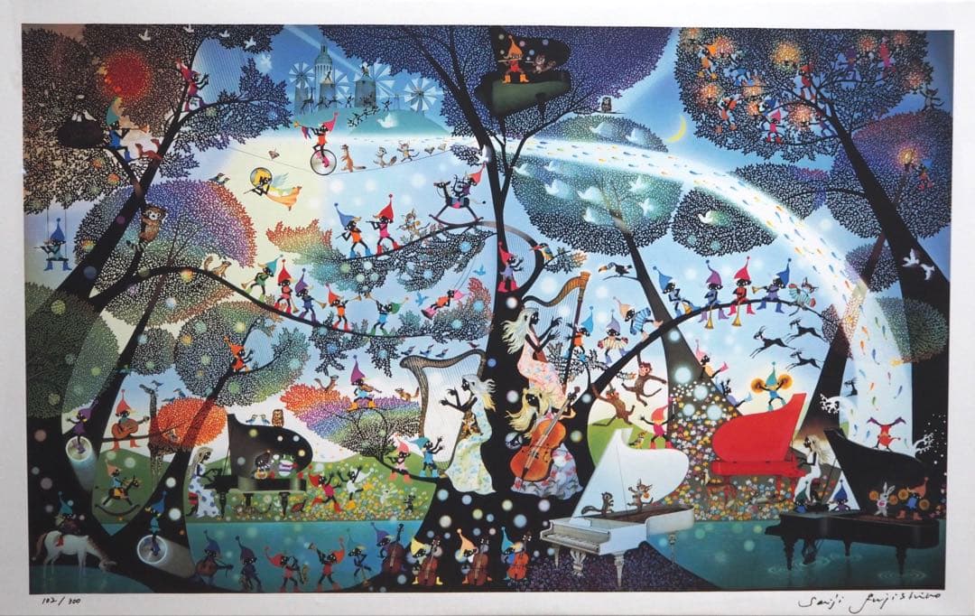 真作■藤城清治 版画 大作 こびとの楽園 キャンバスにジクレー■絵画 レフグラフ