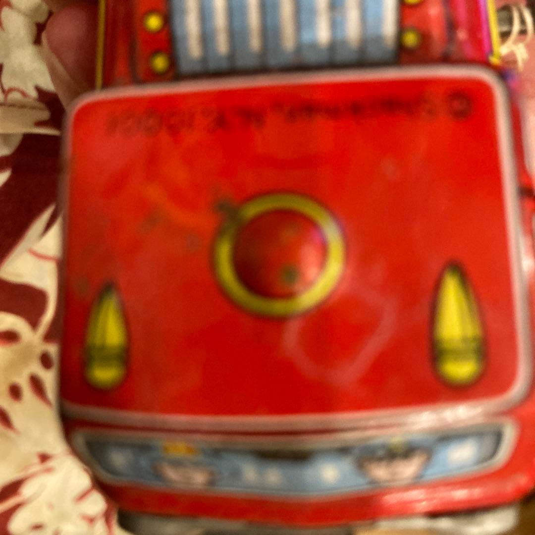 消防車 ミニカー 可動式はしご付き米澤製のゼンマイブリキ素材