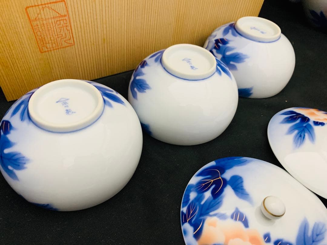 深川製　茶器揃　有田焼　急須　蓋付湯呑み5客　共箱付き