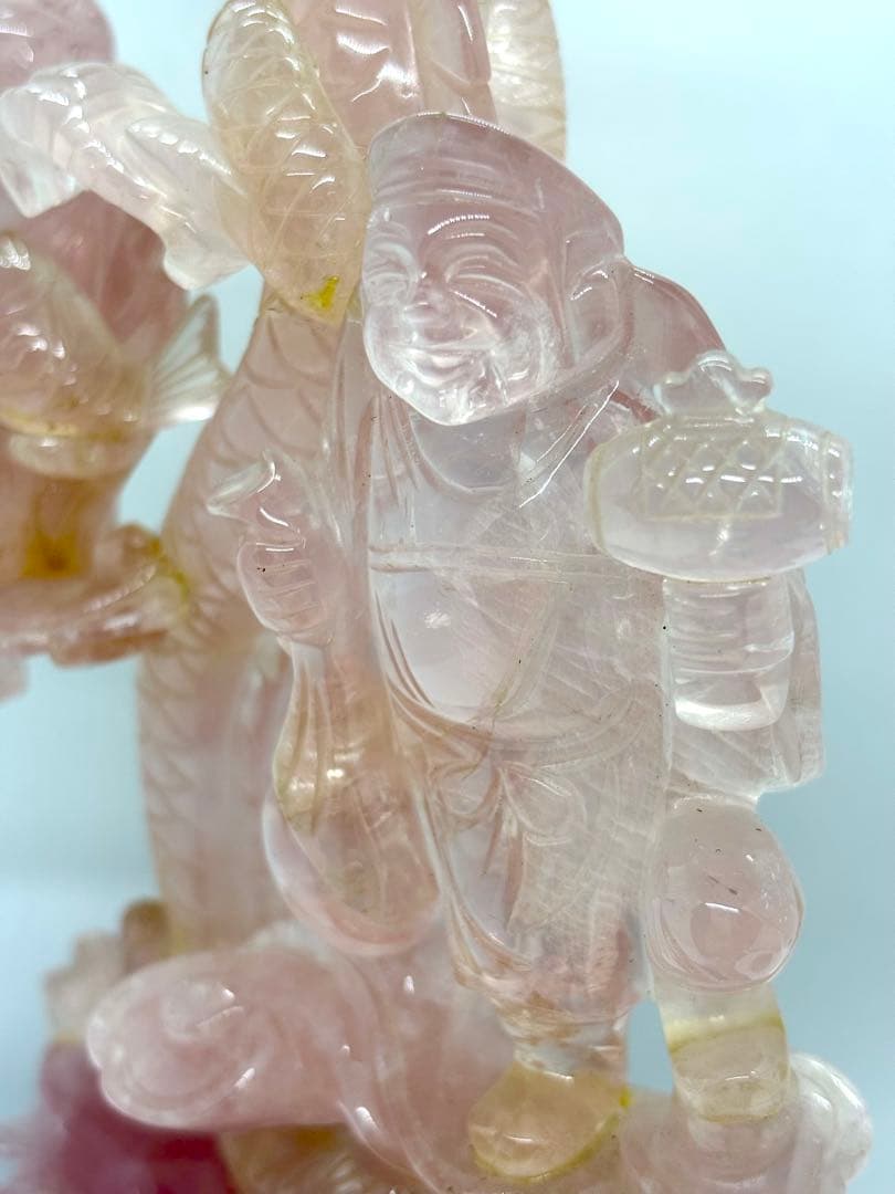 #甲州貴石細工 天然紅水晶（ローズクォーツ） 『龍と恵比寿大黒像』