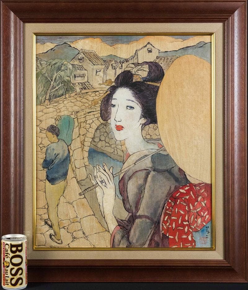 竹久夢二　油彩　肉筆『眼鏡橋』表と裏サイン　竹久不二彦鑑定　F8号　額　b811