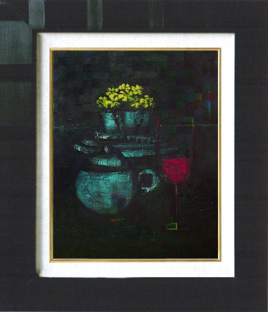 油絵 菅家令子絵 絵画インテリア額付(白) uF6-063404 静物花グラス器