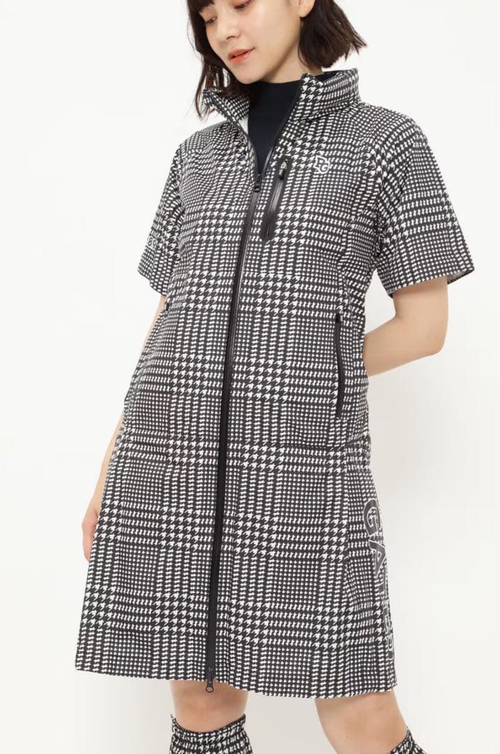 新品　パーリーゲイツ　ワンピース　レインウェア　千鳥柄　ストレッチ　サイズ1