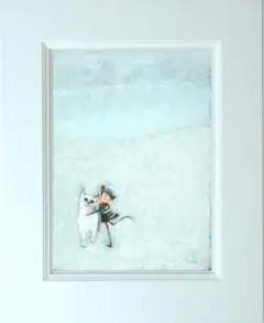 油絵 菅家令子 絵 絵画インテリア額付(青緑＋銀)F3-091918子猫犬 女子