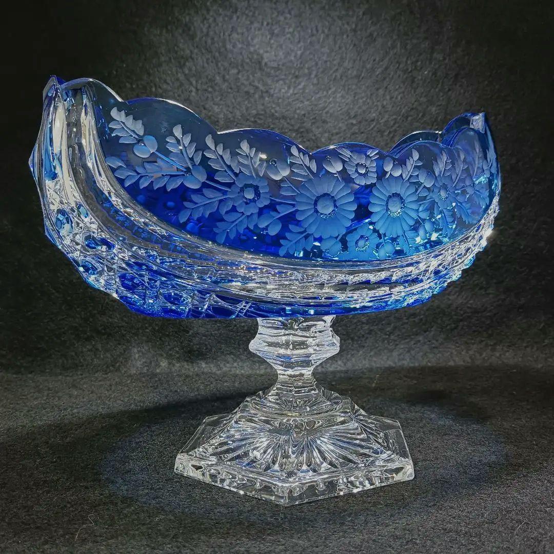 Y2225-1 ドイツ製 ドレスデンクリスタル コンポート ブルー