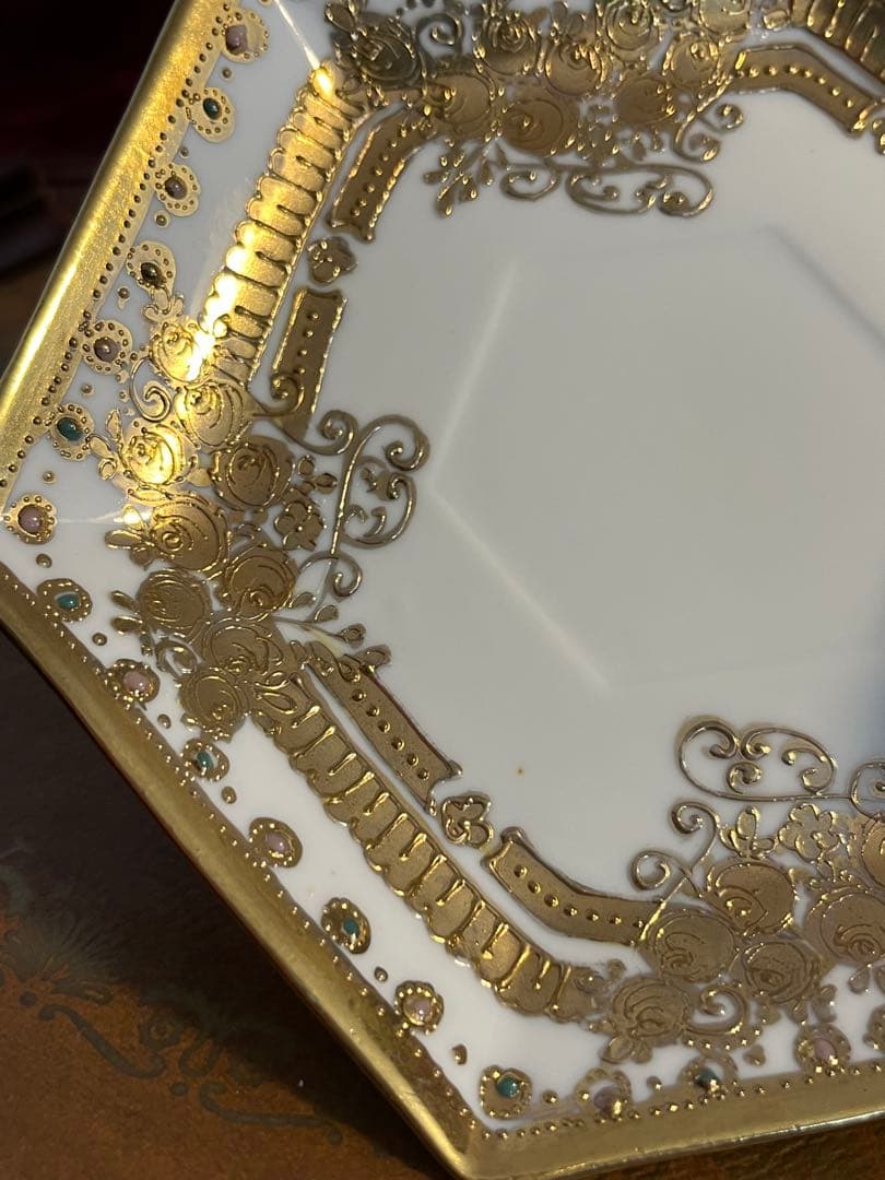 極美品　金盛り　ジュエル　六角形カップソーサー　オールドノリタケ　RCマーク