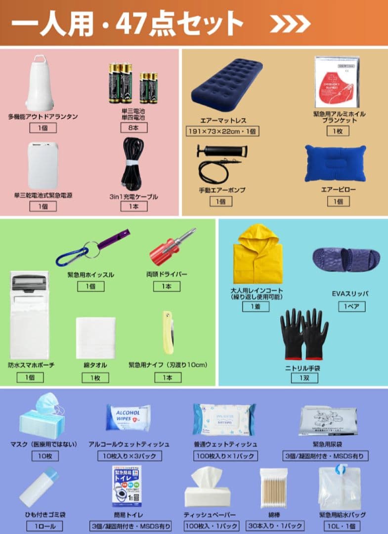 防災グッズ 1人用 47点セット 防災セット 防水リュック 非常持ち出し用