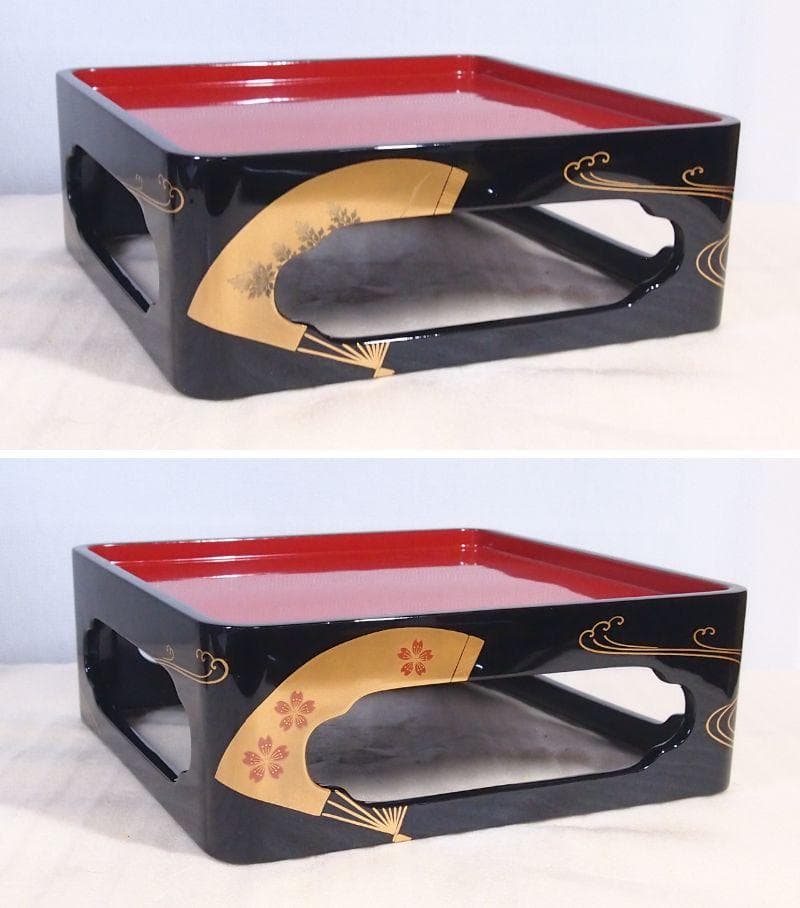 【高級・未使用】輪島塗 道甫作 扇面蒔絵 四段重箱 台付き お重/弁当箱 漆器