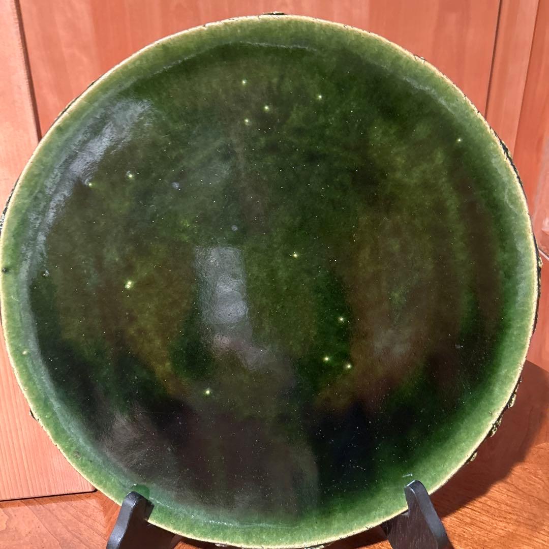 新品◆④織部焼　森脇　文直作　緑色の陶器製丸皿大皿35.5cm