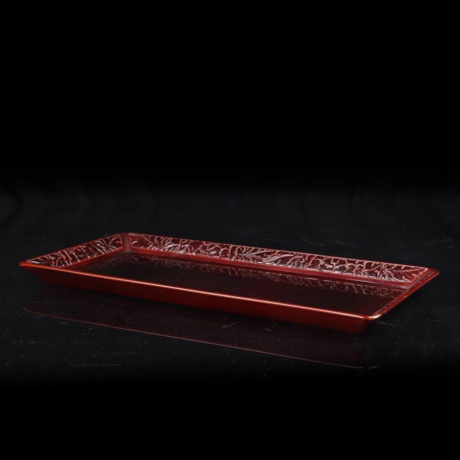 Y3272-5 彫師 渡辺明泉 朱塗 山水文 煙草盆組揃 共箱　　MM