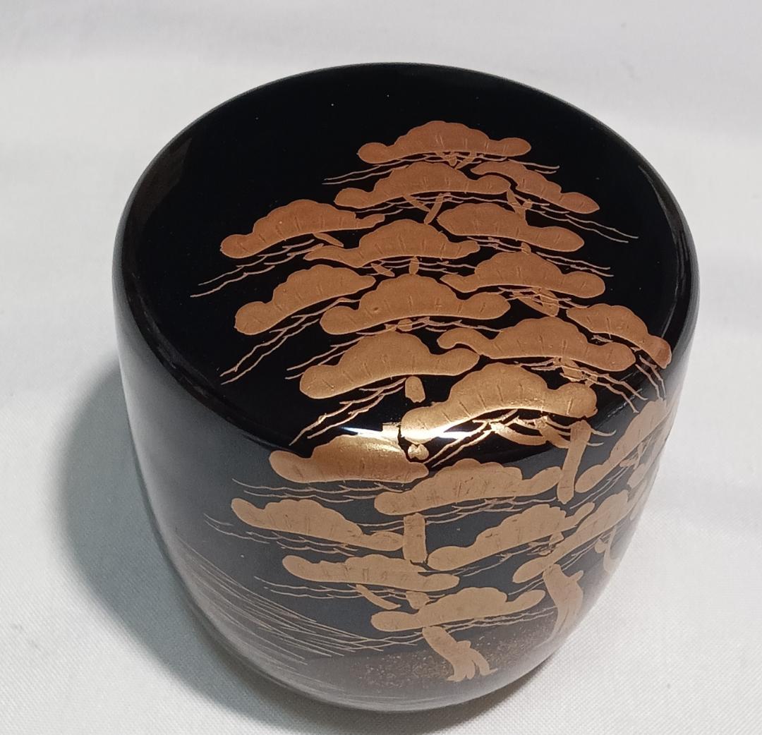 茶道具　蒔絵師政峰作　黒漆塗松並木蒔絵中棗　美品！！