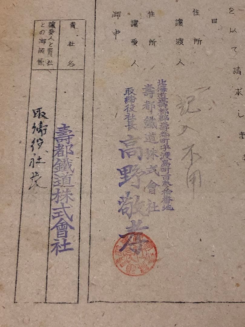 昭和20年代　日本鉄道協会内　交通商事株式会社　株式名義書換請求書　寿都鉄道