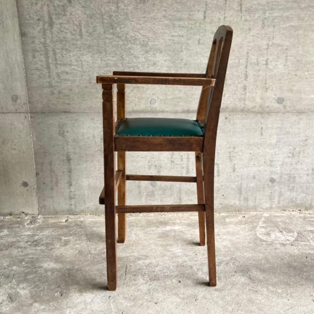 古い味のある子供椅子 ハイチェア 木製 飾り台 緑色 家具 レトロ ヴィンテージ