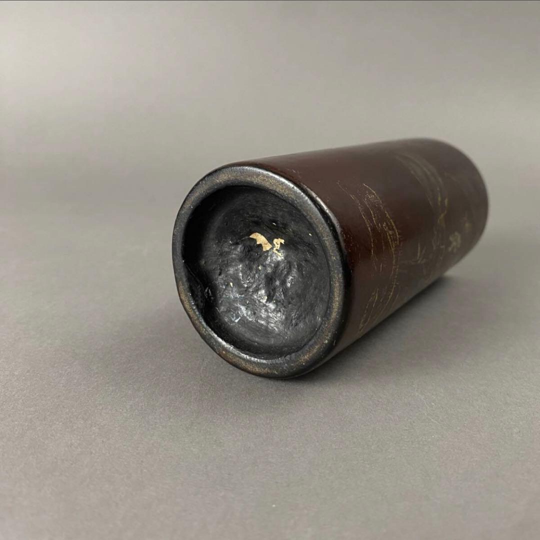 清~民国 黒漆金彩山水紋筆筒　茶道具　筆箱　骨董品　工芸品　時代もの　筆　蒔絵