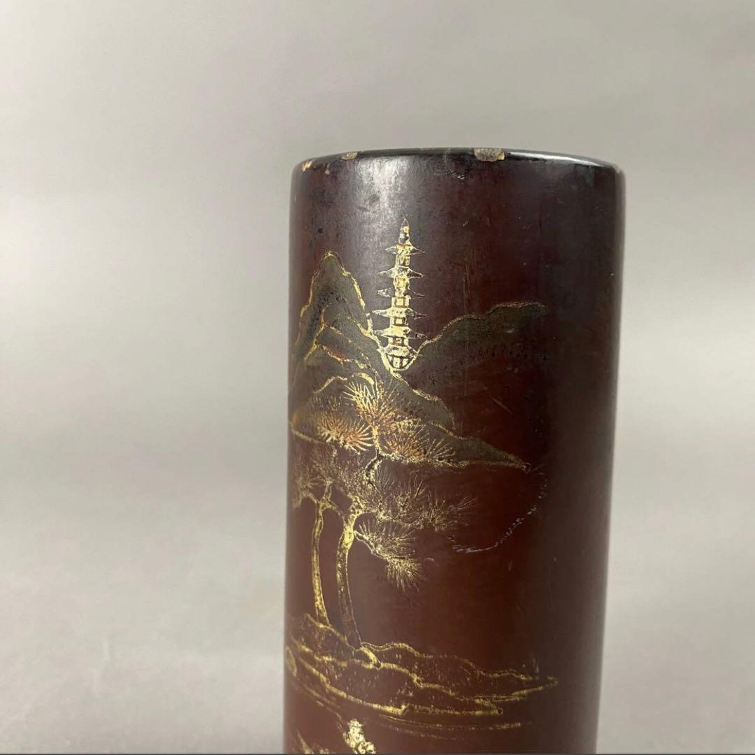 清~民国 黒漆金彩山水紋筆筒　茶道具　筆箱　骨董品　工芸品　時代もの　筆　蒔絵