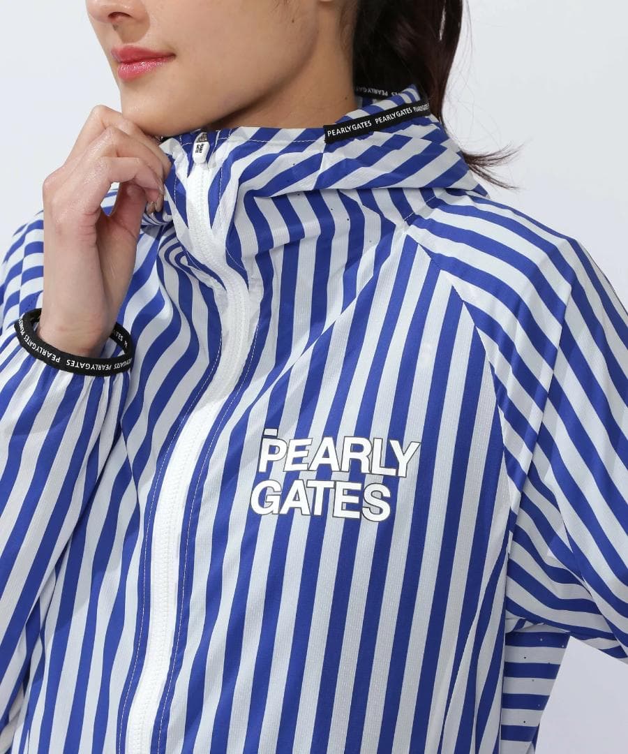 未使用 タグ付き パーリーゲイツ フーディブルゾン ストライプ 2 L ブルー青