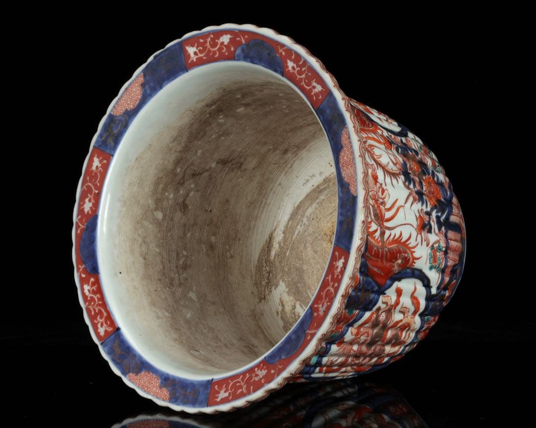 古伊万里 錦手丸鉢 色絵窓絵 鳳凰獅子文 植木鉢 蘭鉢 盆栽鉢 古美術 骨董品