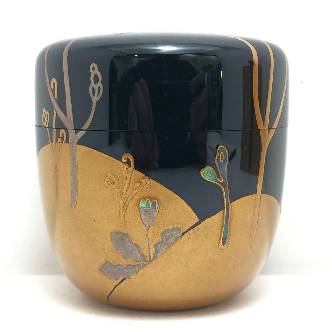 Y3031-5 茶道具 塗師 静峰作 金蒔絵 早蕨 棗 共箱　　ma　ち