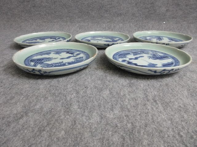 古伊万里冨貴長春青磁染付風景図焼物皿5枚 [B27960]
