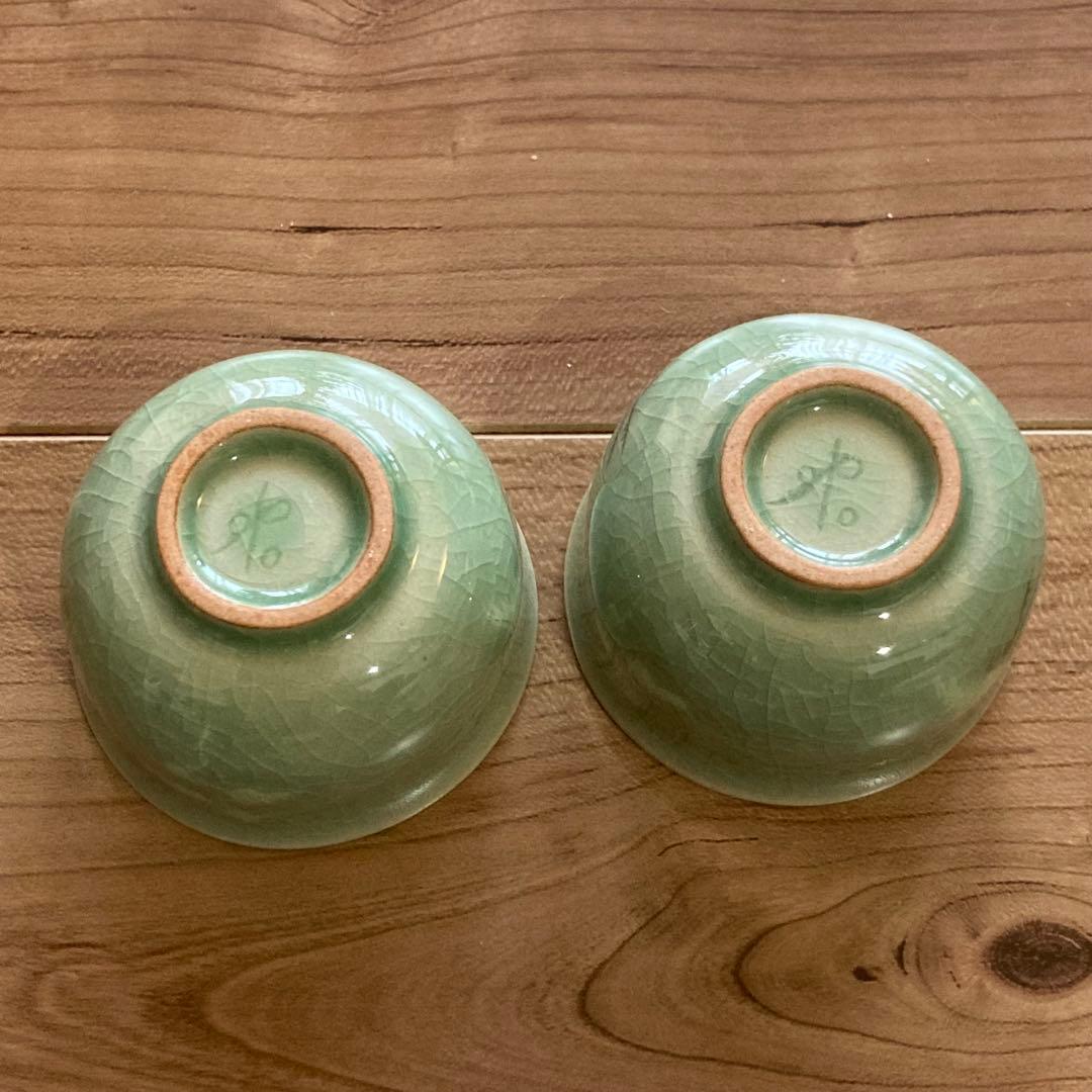 高麗青磁 盃 2客 飛鶴文 貫入 韓国人間文化財 申相浩 作