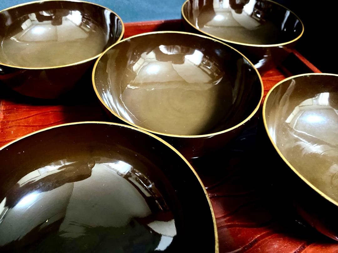 アンティーク 輪島塗 漆器セット 天然木 蒔絵 菓子椀5客 ,沈金 2段重箱