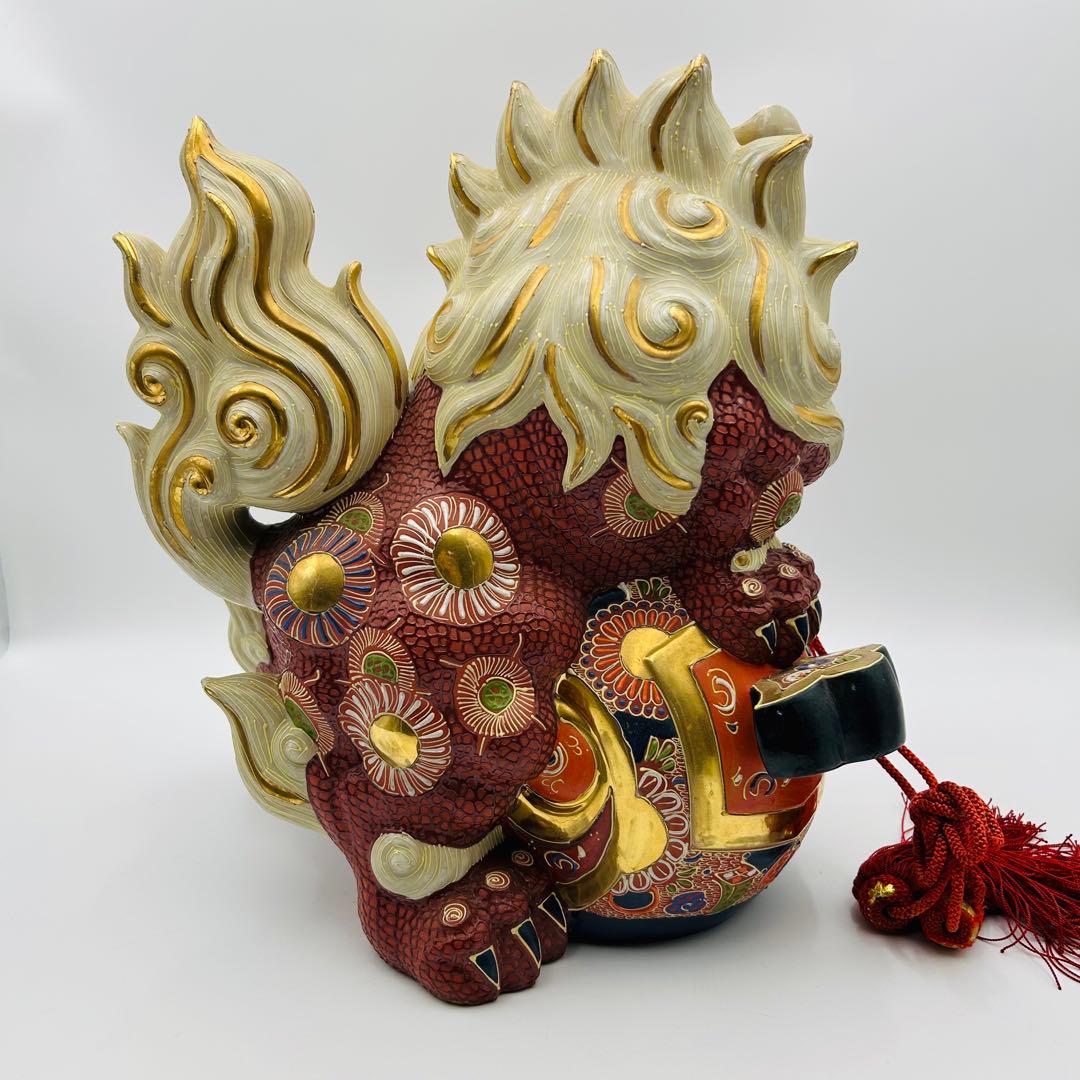 【九谷焼 獅子　打ち出の小槌 狛犬 置物 魔除け 縁起物 金彩】